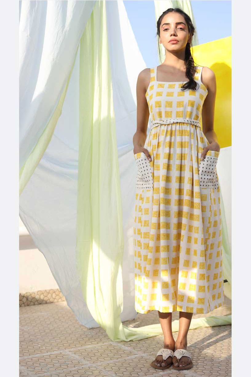 Cotton Flax Block Printed Pocket Dress - Yellow