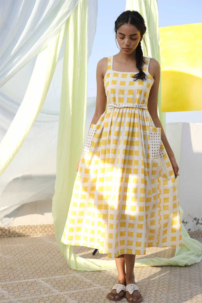 Cotton Flax Block Printed Pocket Dress - Yellow