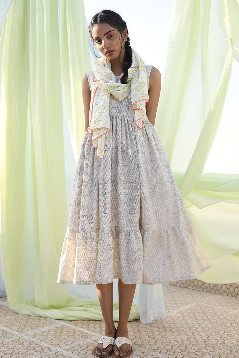 Cotton Flax Back Tie Tier Dress