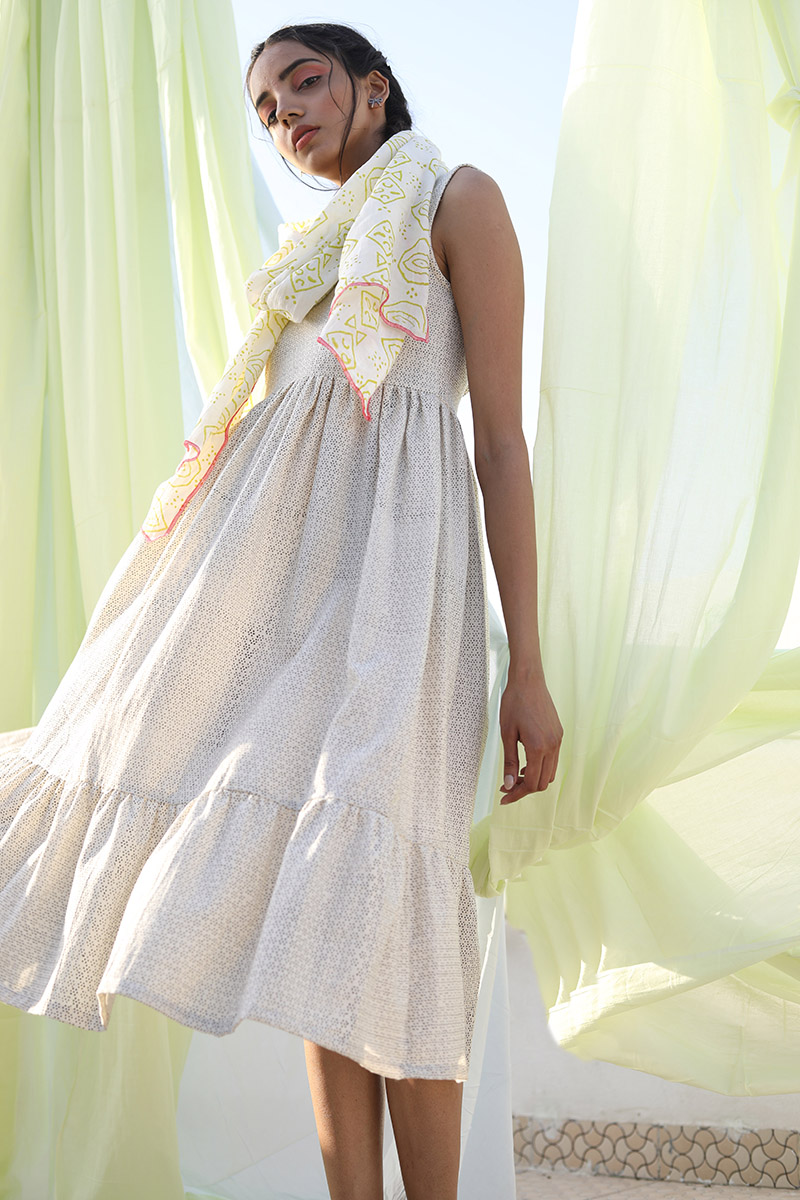 Cotton Flax Back Tie Tier Dress