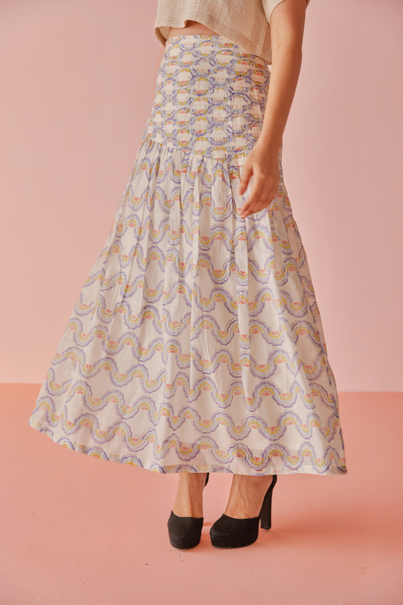 Sorbet Ripple Chanderi Cotton Block Printed Skirt