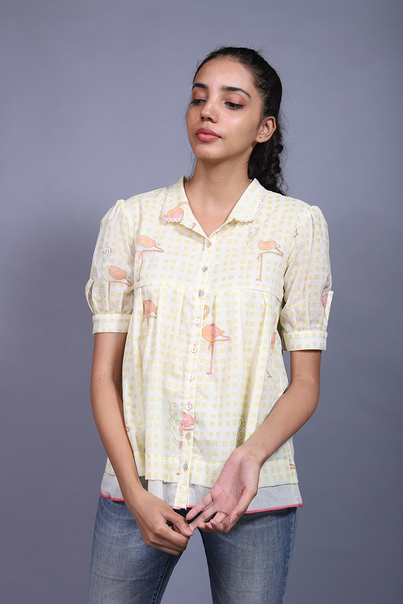 Flamingo Cotton Silk Block Printed Shirt
