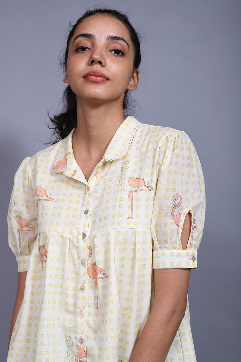 Flamingo Cotton Silk Block Printed Shirt