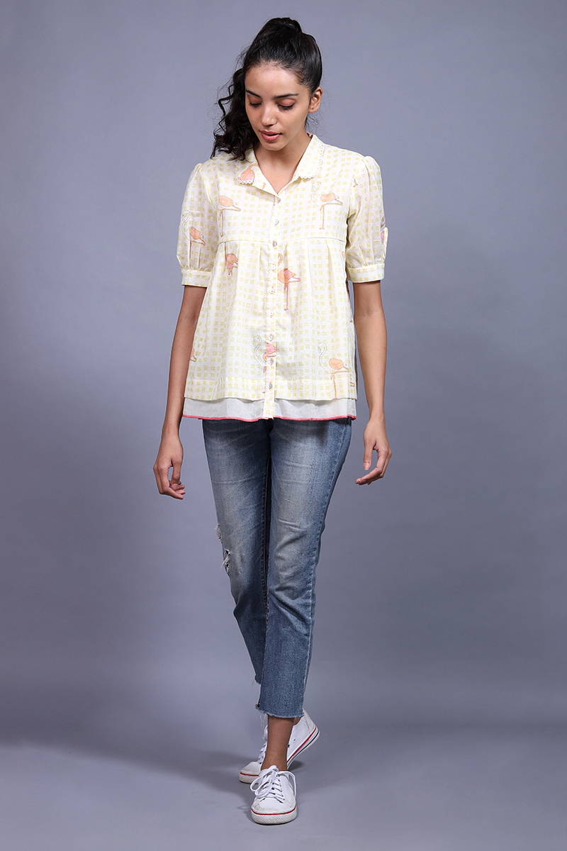 Flamingo Cotton Silk Block Printed Shirt