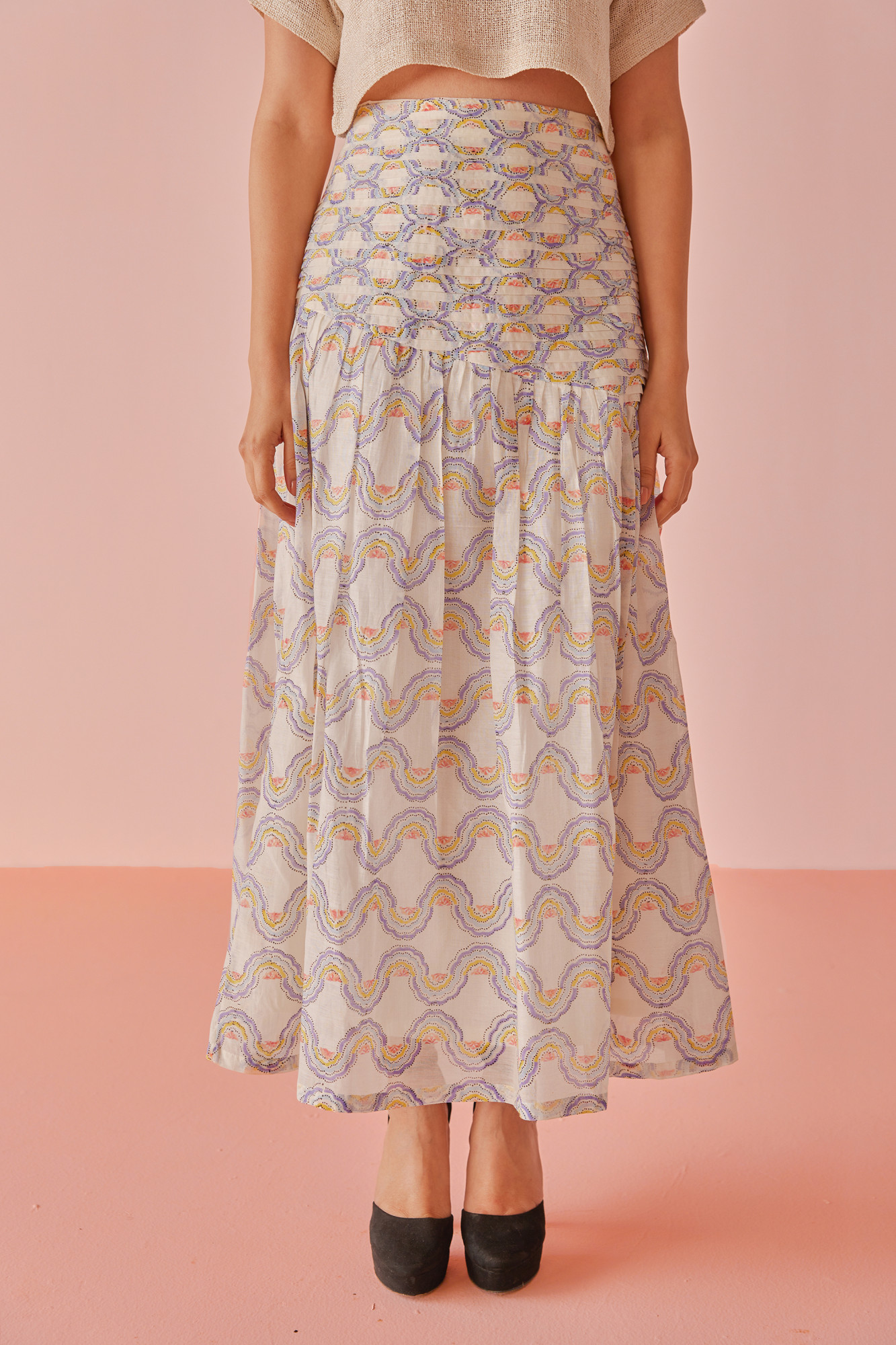 Sorbet Ripple Chanderi Cotton Block Printed Skirt