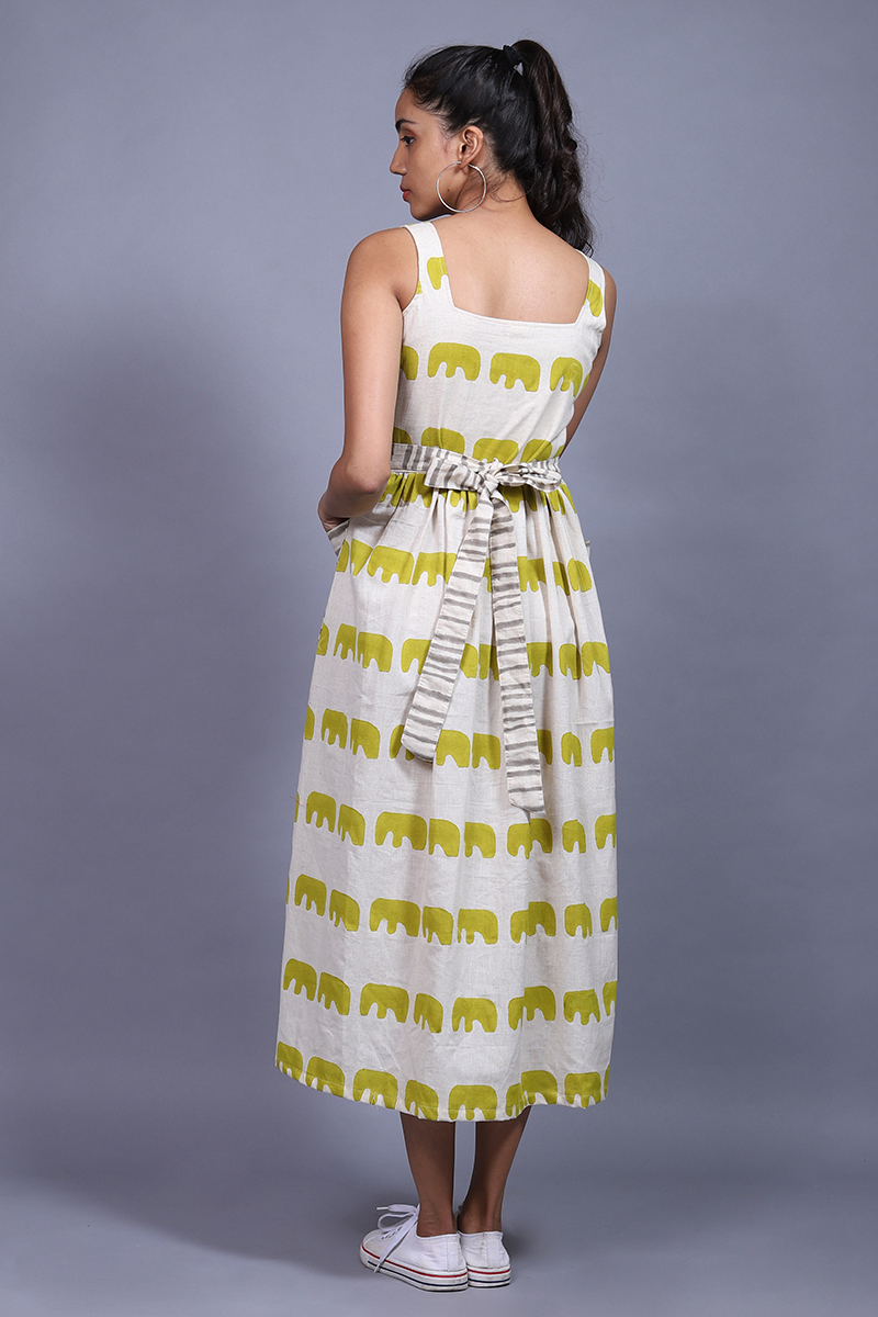 Cotton Flax Block Printed Pocket Dress