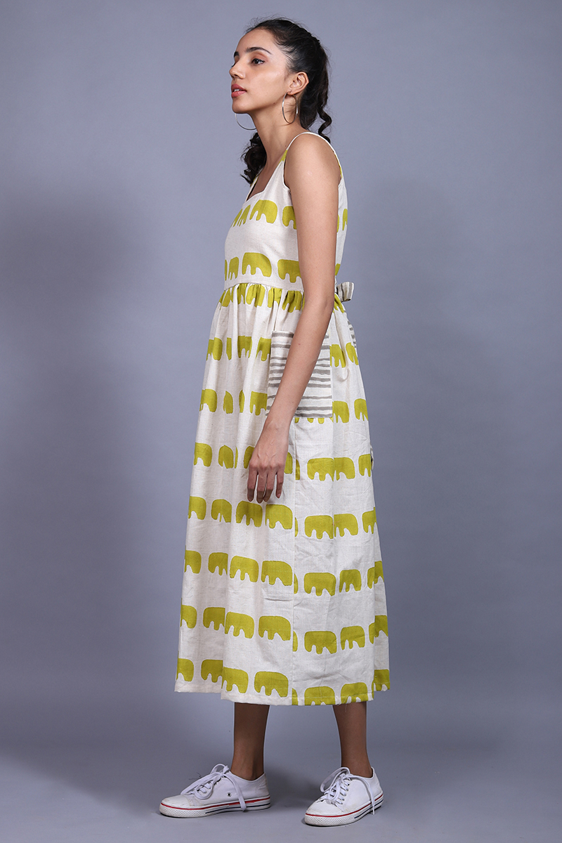 Cotton Flax Block Printed Pocket Dress