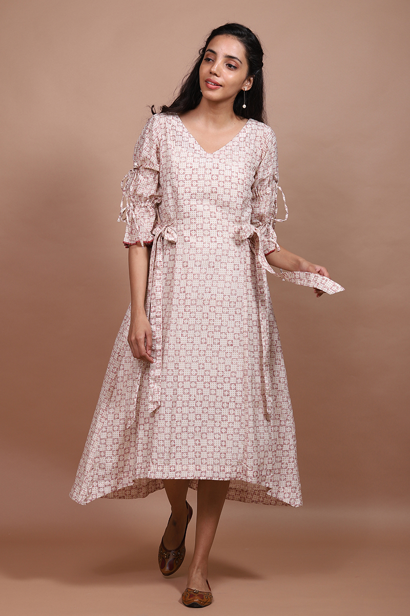 Cotton Silk Block Printed Asymmetrical Dress - Beige