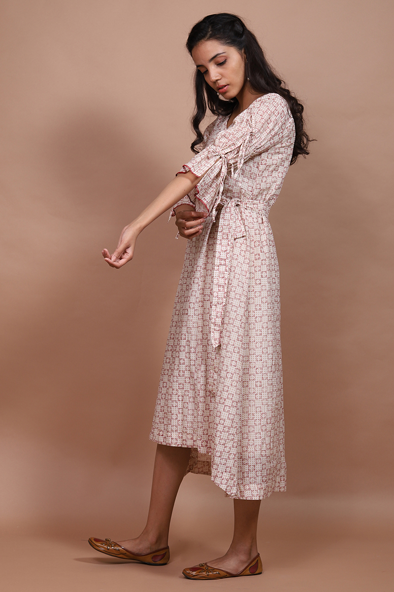 Cotton Silk Block Printed Asymmetrical Dress - Beige