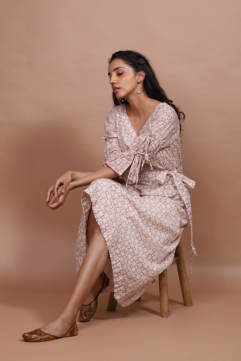 Cotton Silk Block Printed Asymmetrical Dress - Beige