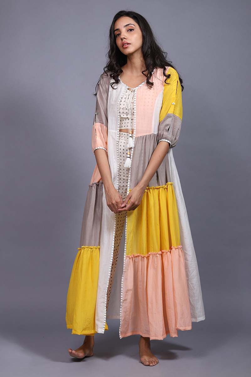 Cotton Silk Block Printed 3 Piece Jacket Set