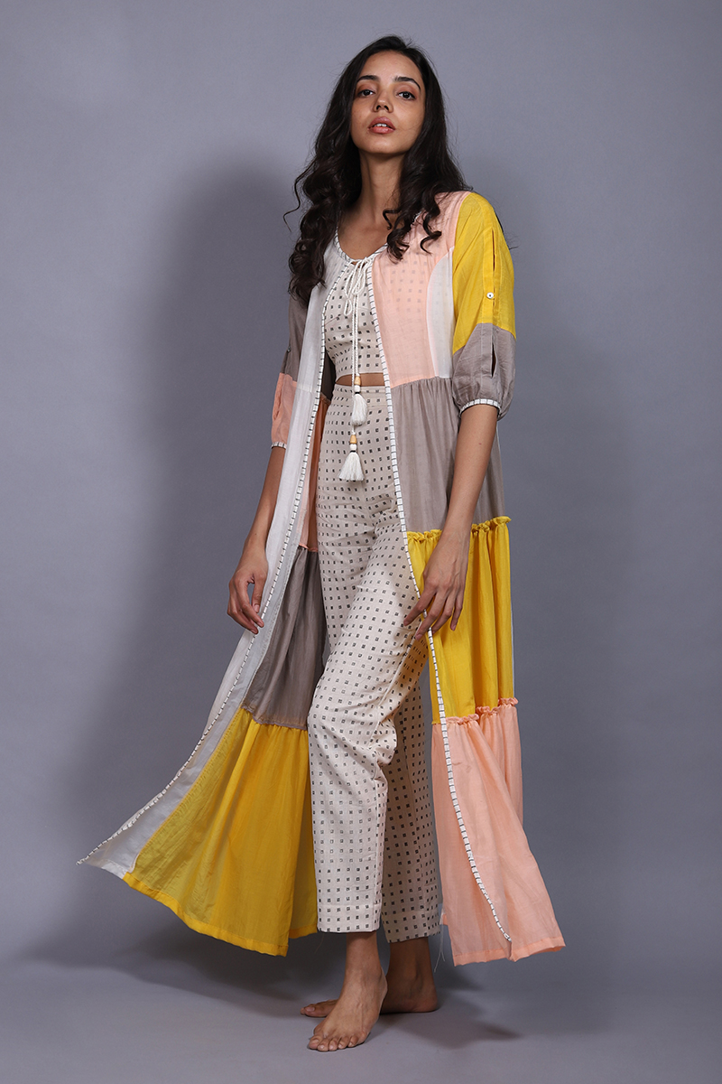 Cotton Silk Block Printed 3 Piece Jacket Set