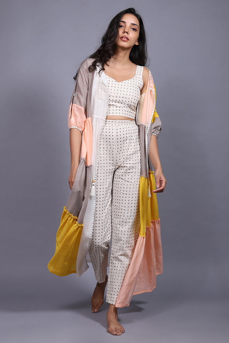 Cotton Silk Block Printed 3 Piece Jacket Set