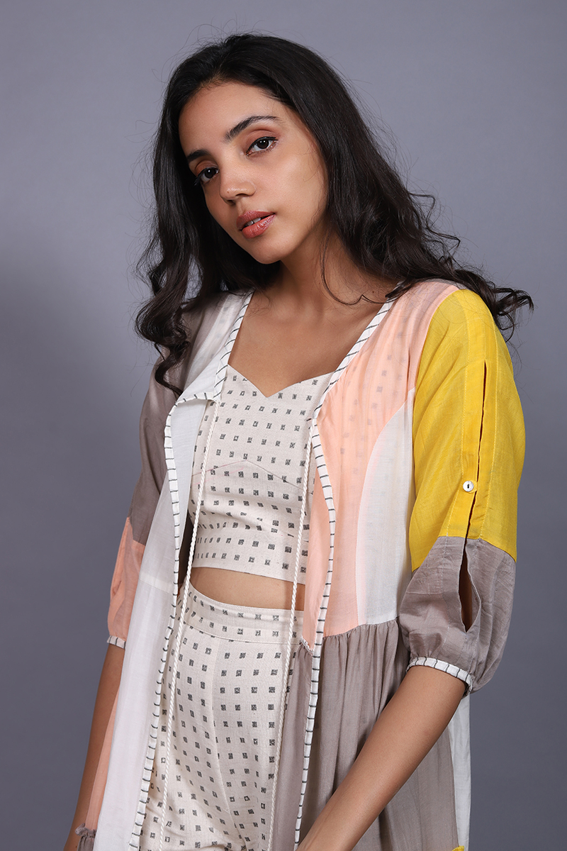 Cotton Silk Block Printed 3 Piece Jacket Set