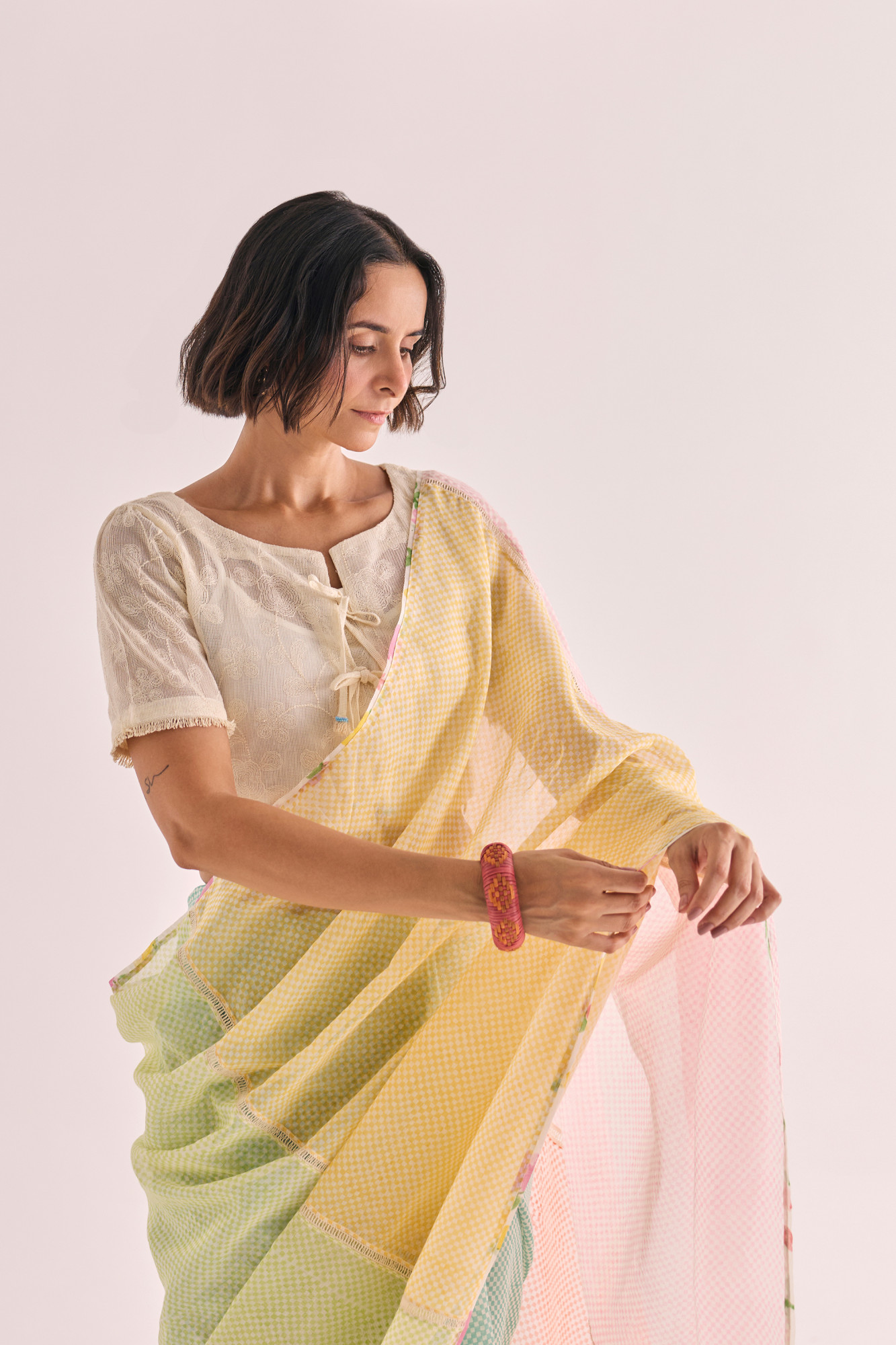 Shiki Block Printed Panelled Chanderi Saree