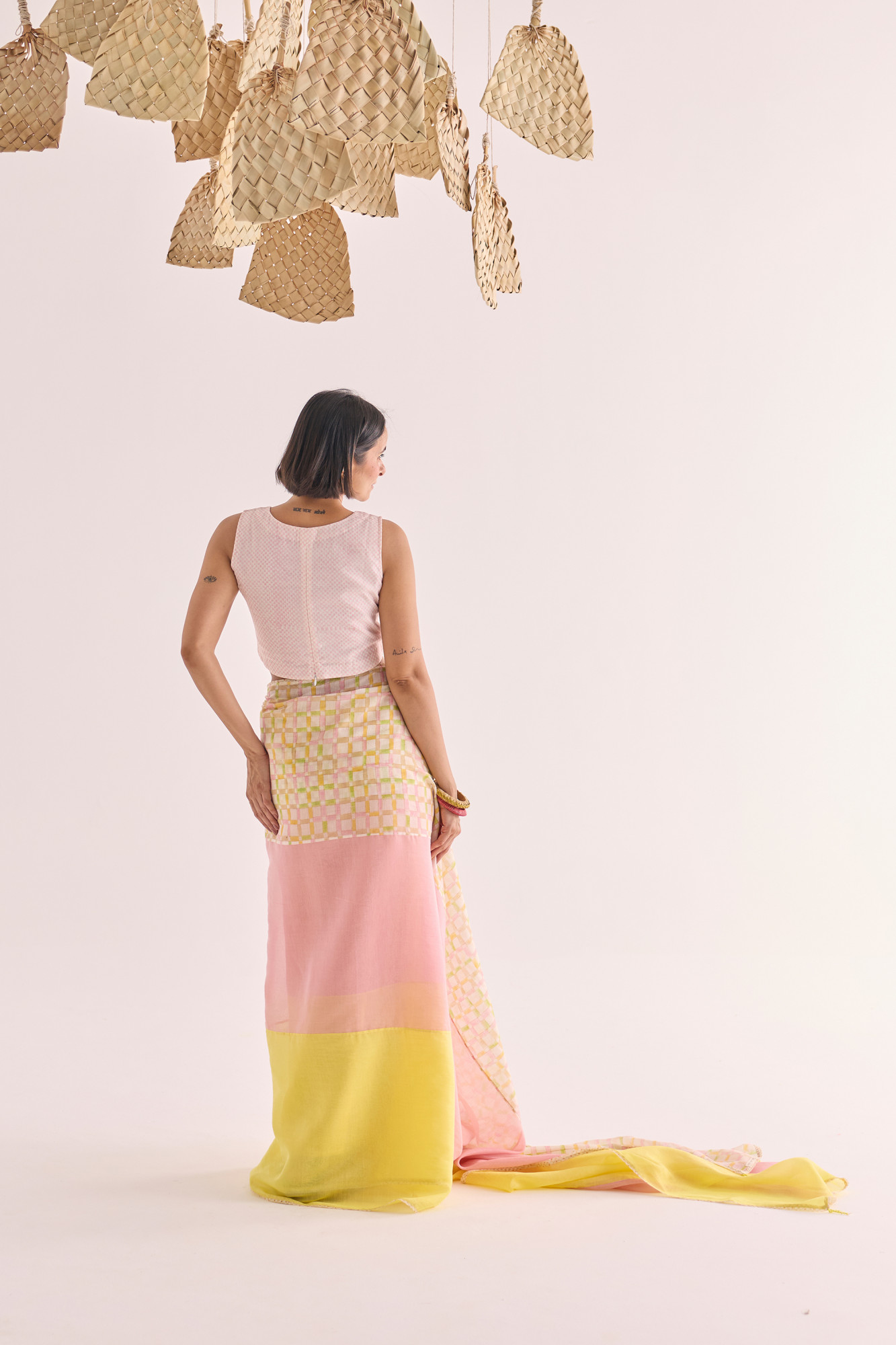 Yuzu Block Printed Panelled Chanderi Saree
