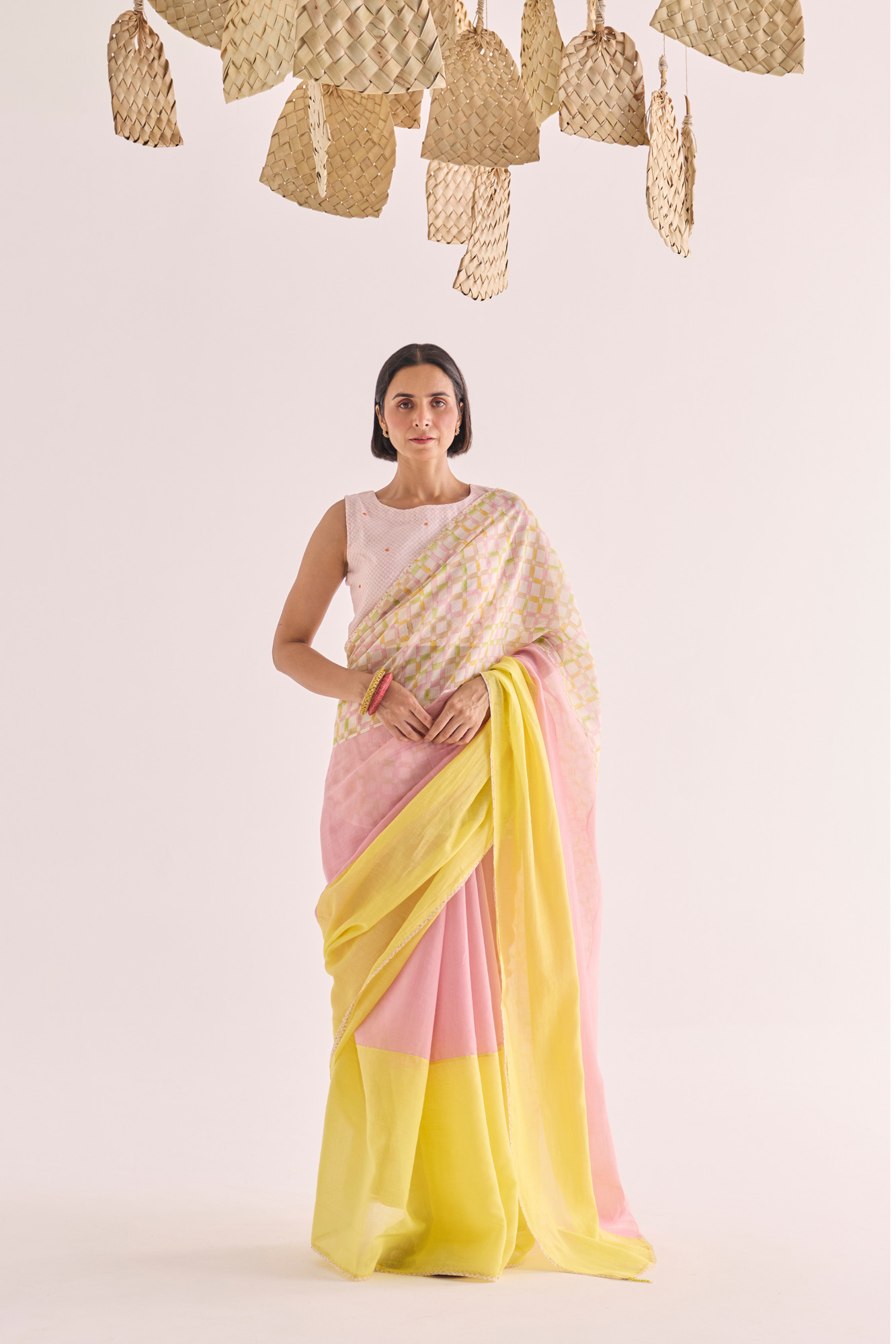 Yuzu Block Printed Panelled Chanderi Saree