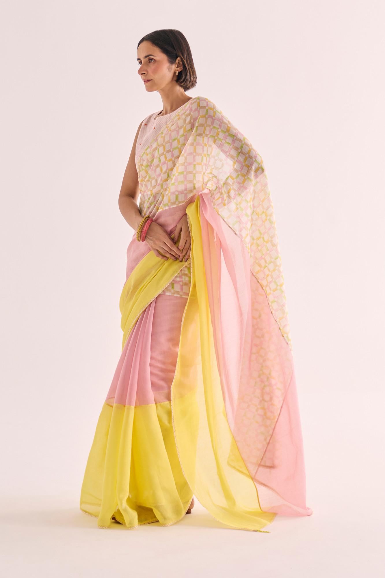 Yuzu Block Printed Panelled Chanderi Saree