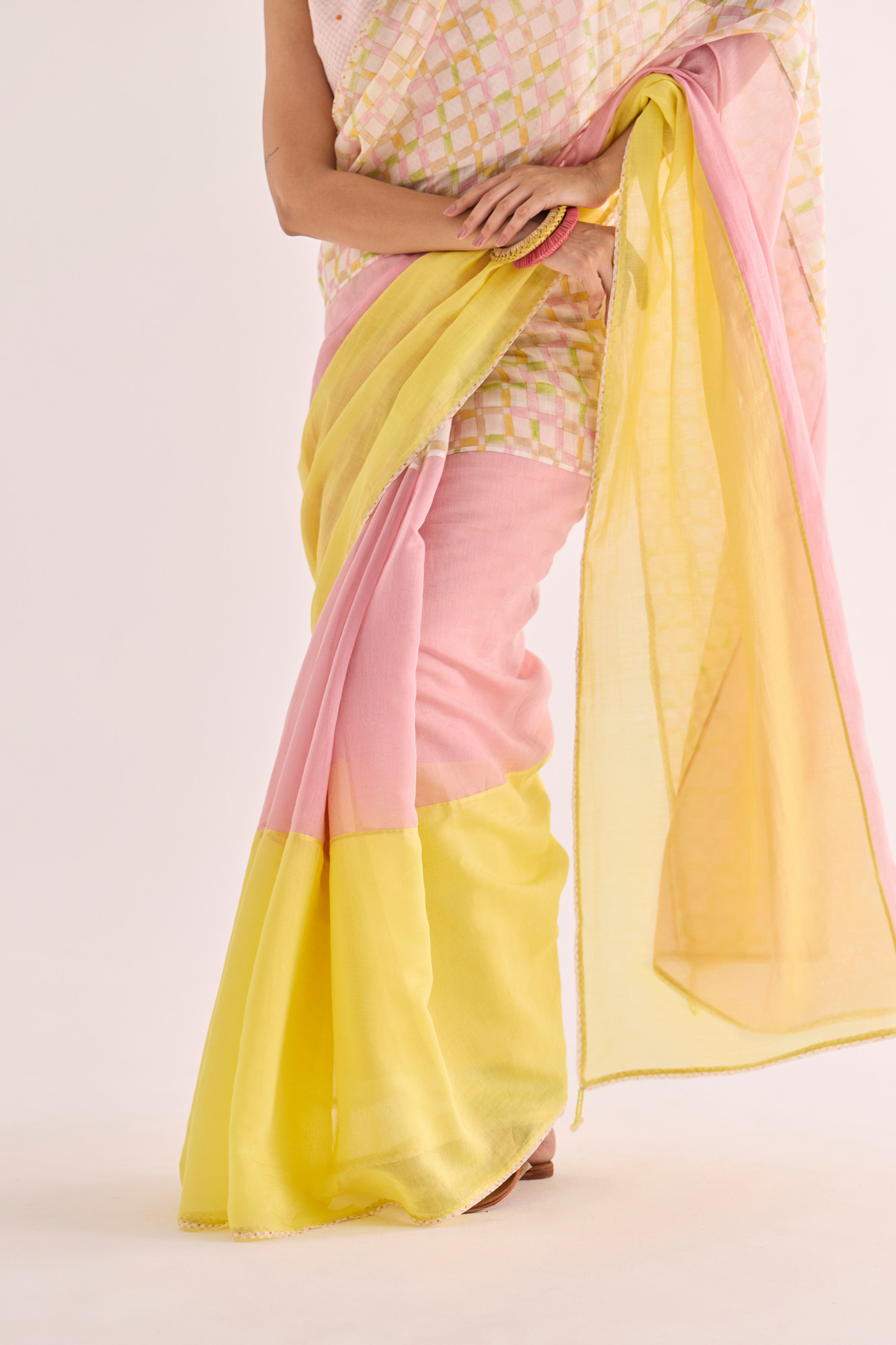 Yuzu Block Printed Panelled Chanderi Saree