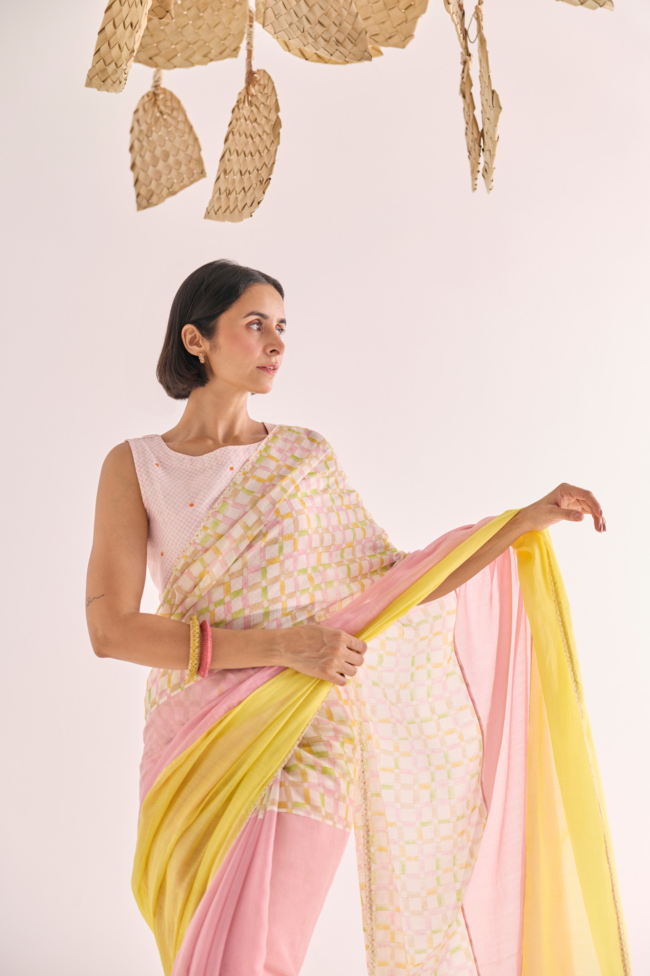 Yuzu Block Printed Panelled Chanderi Saree