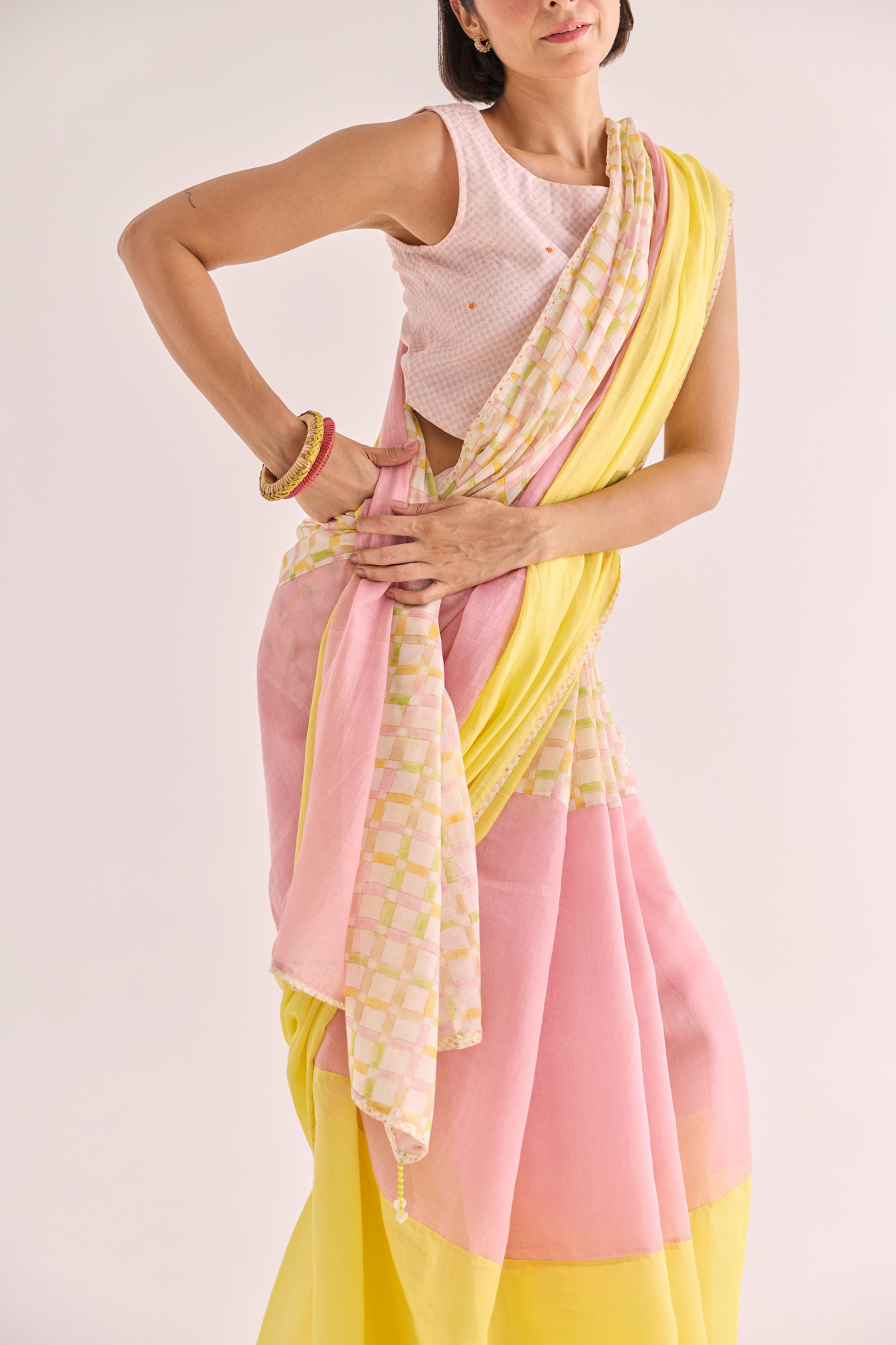 Yuzu Block Printed Panelled Chanderi Saree