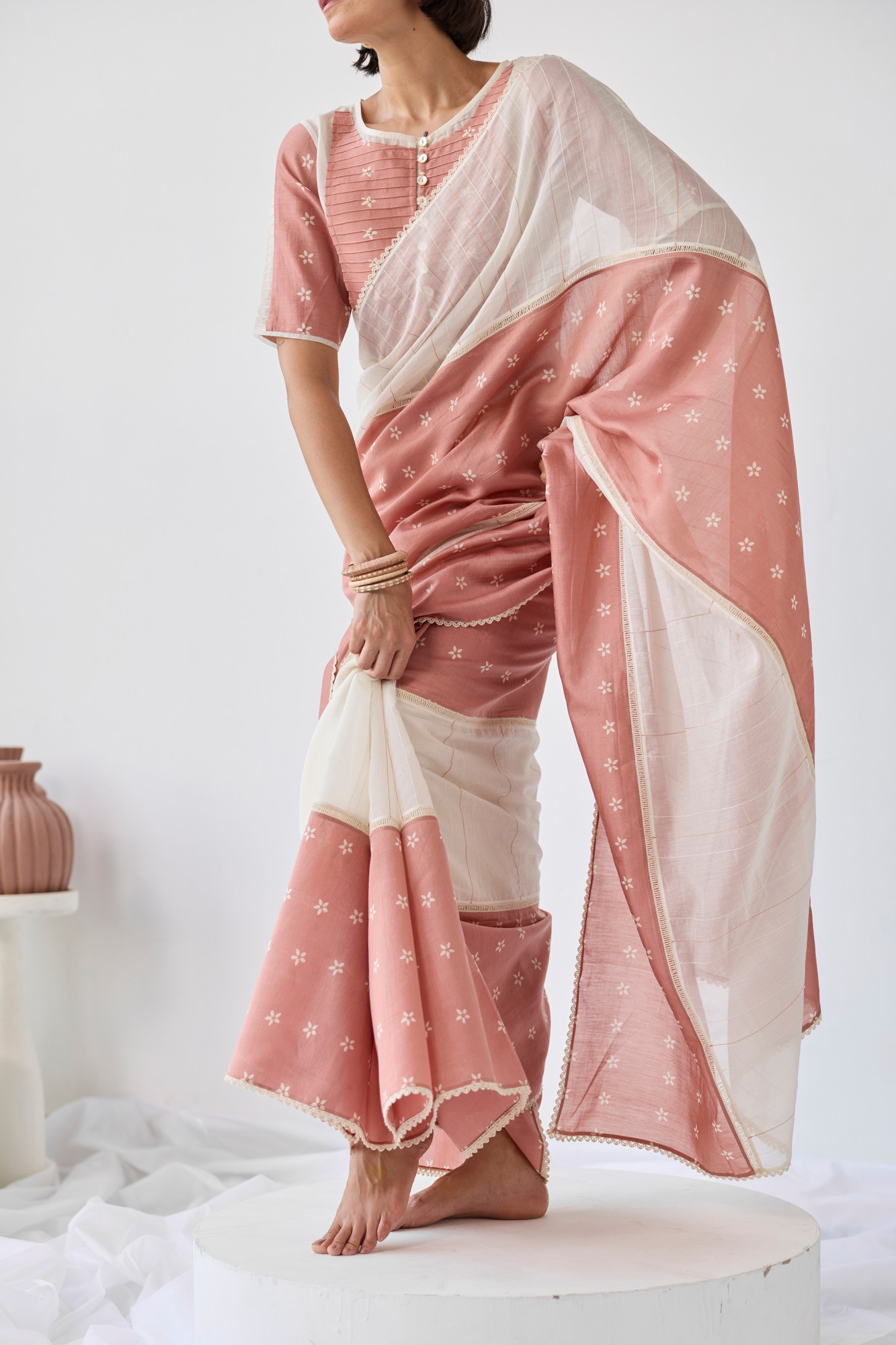 Surkh Block Printed Chanderi Saree