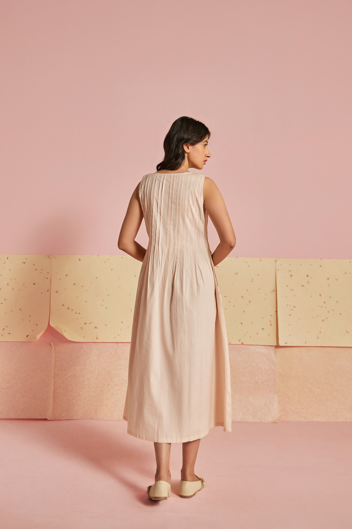 Coral Mesh Cotton Modal Pleated A line Dress Coral Mesh Cotton Modal Pleated A line Dress