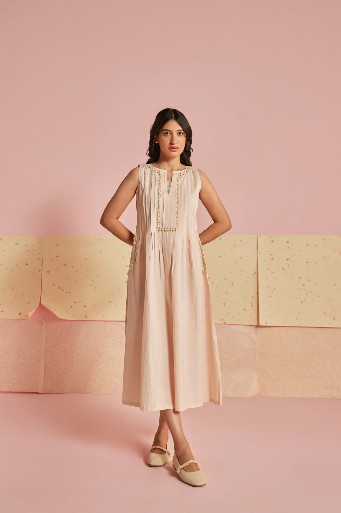 Coral Mesh Cotton Modal Pleated A line Dress