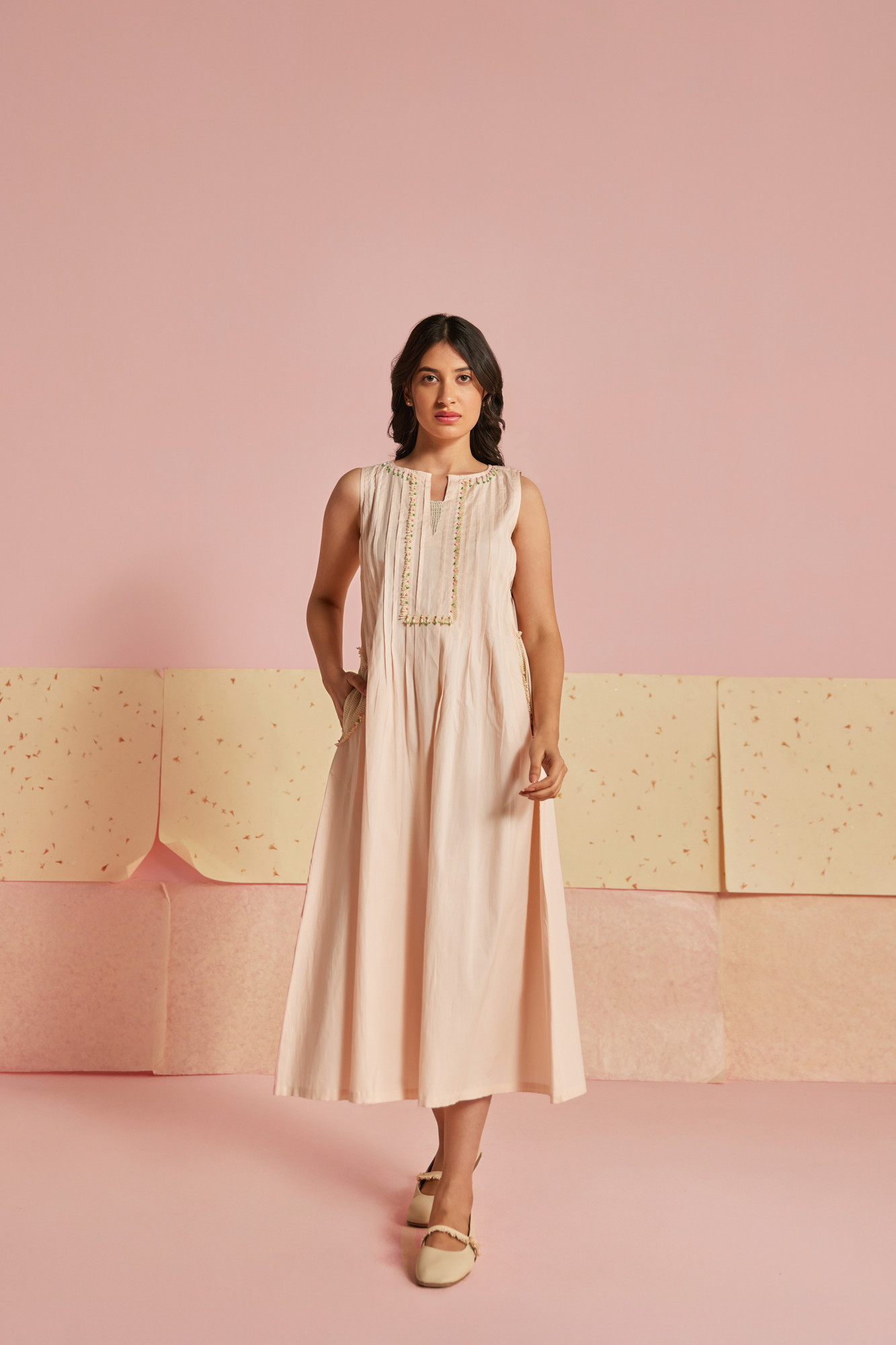 Coral Mesh Cotton Modal Pleated A line Dress