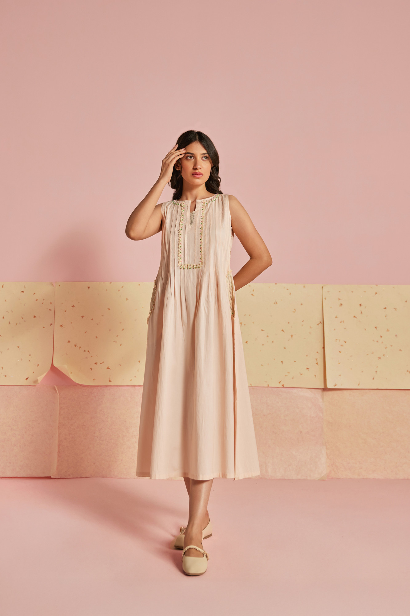 Coral Mesh Cotton Modal Pleated A line Dress