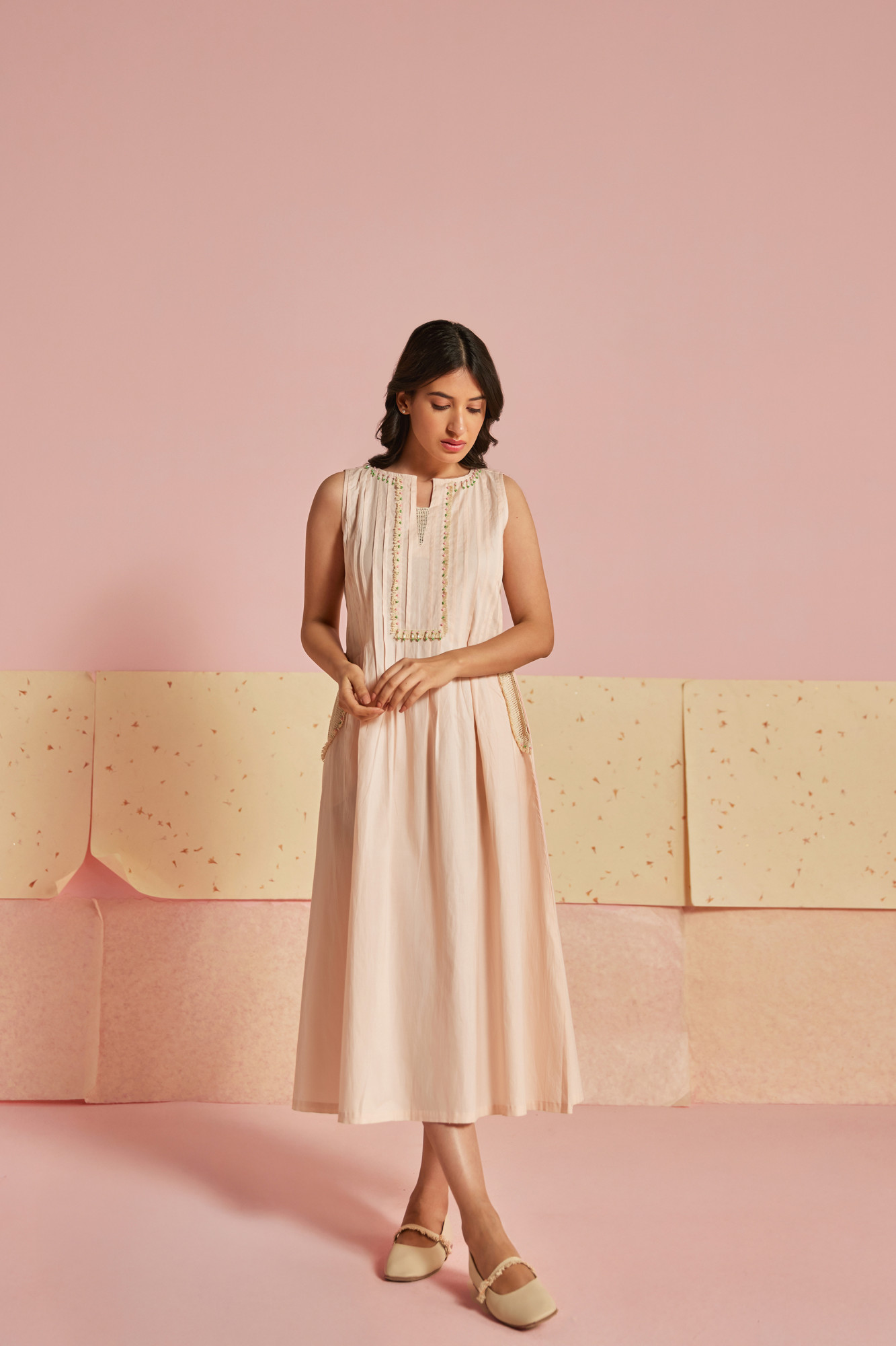 Coral Mesh Cotton Modal Pleated A line Dress