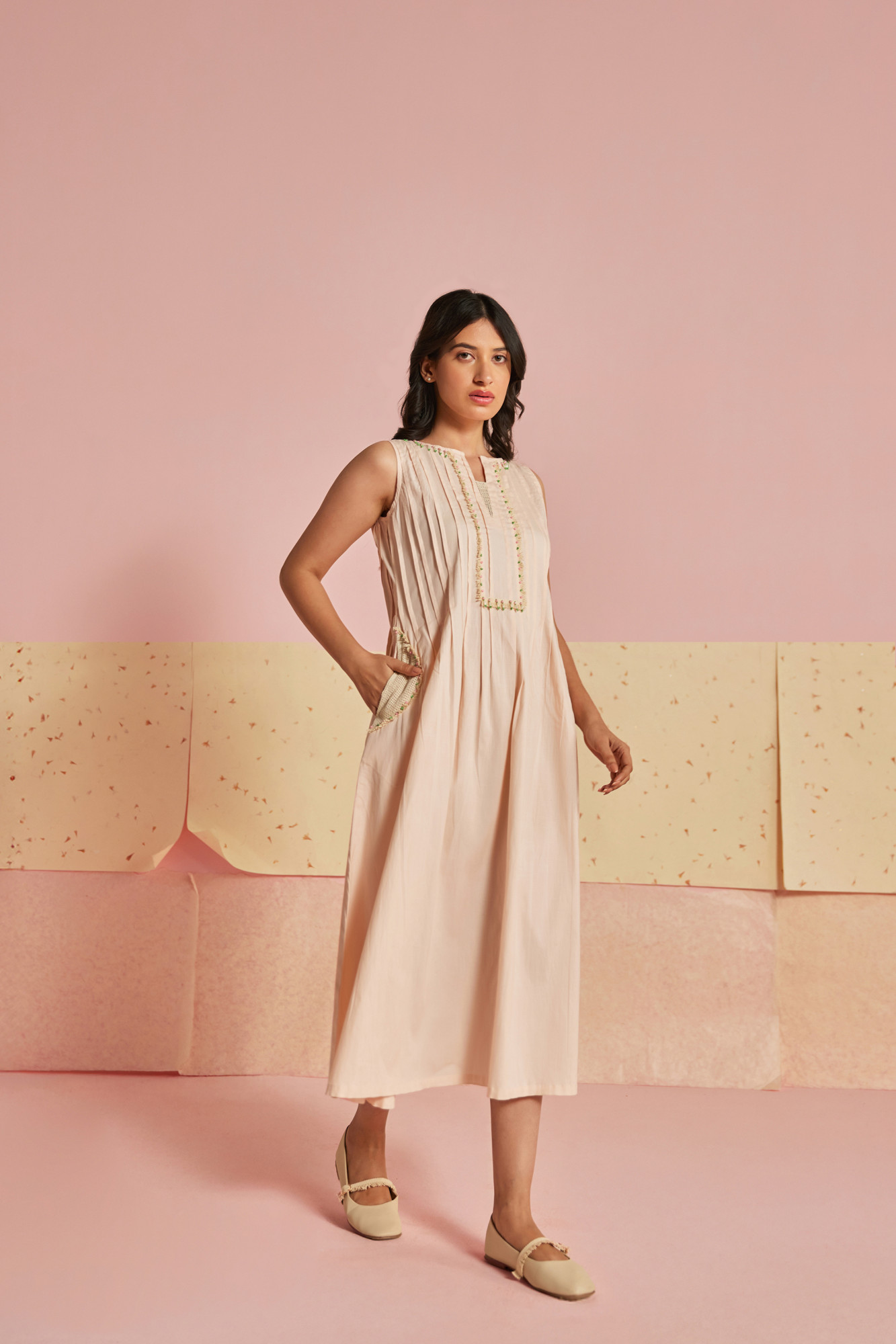 Coral Mesh Cotton Modal Pleated A line Dress