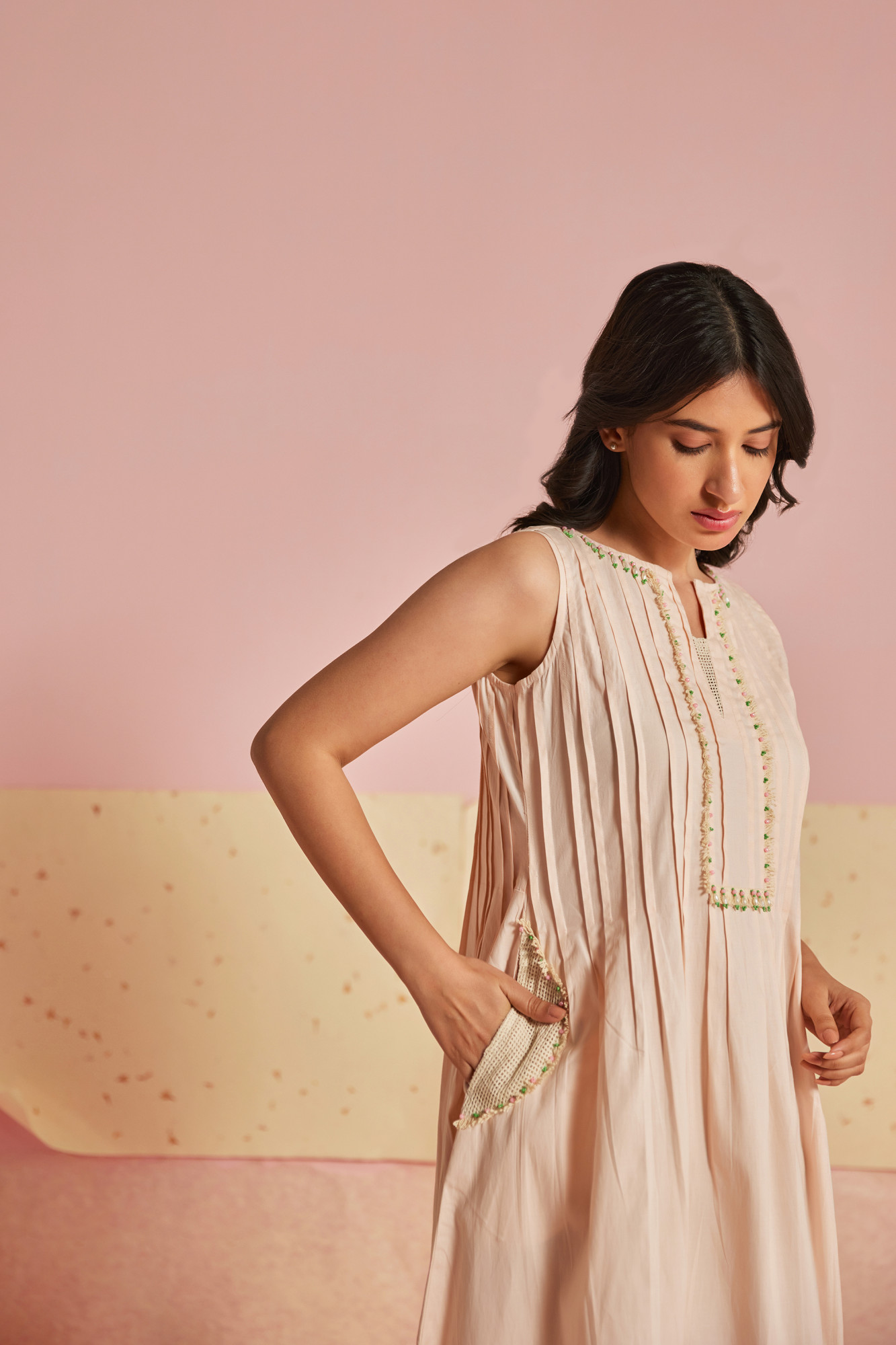 Coral Mesh Cotton Modal Pleated A line Dress