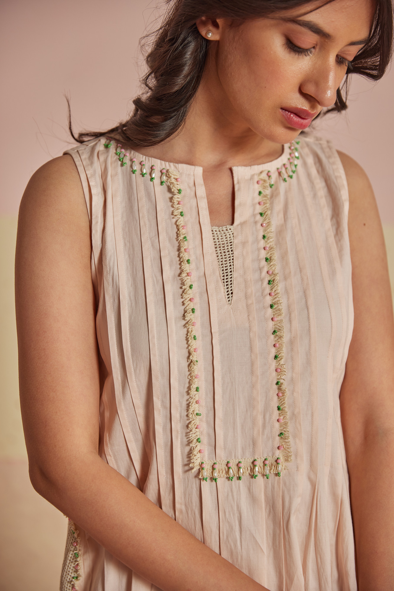 Coral Mesh Cotton Modal Pleated A line Dress