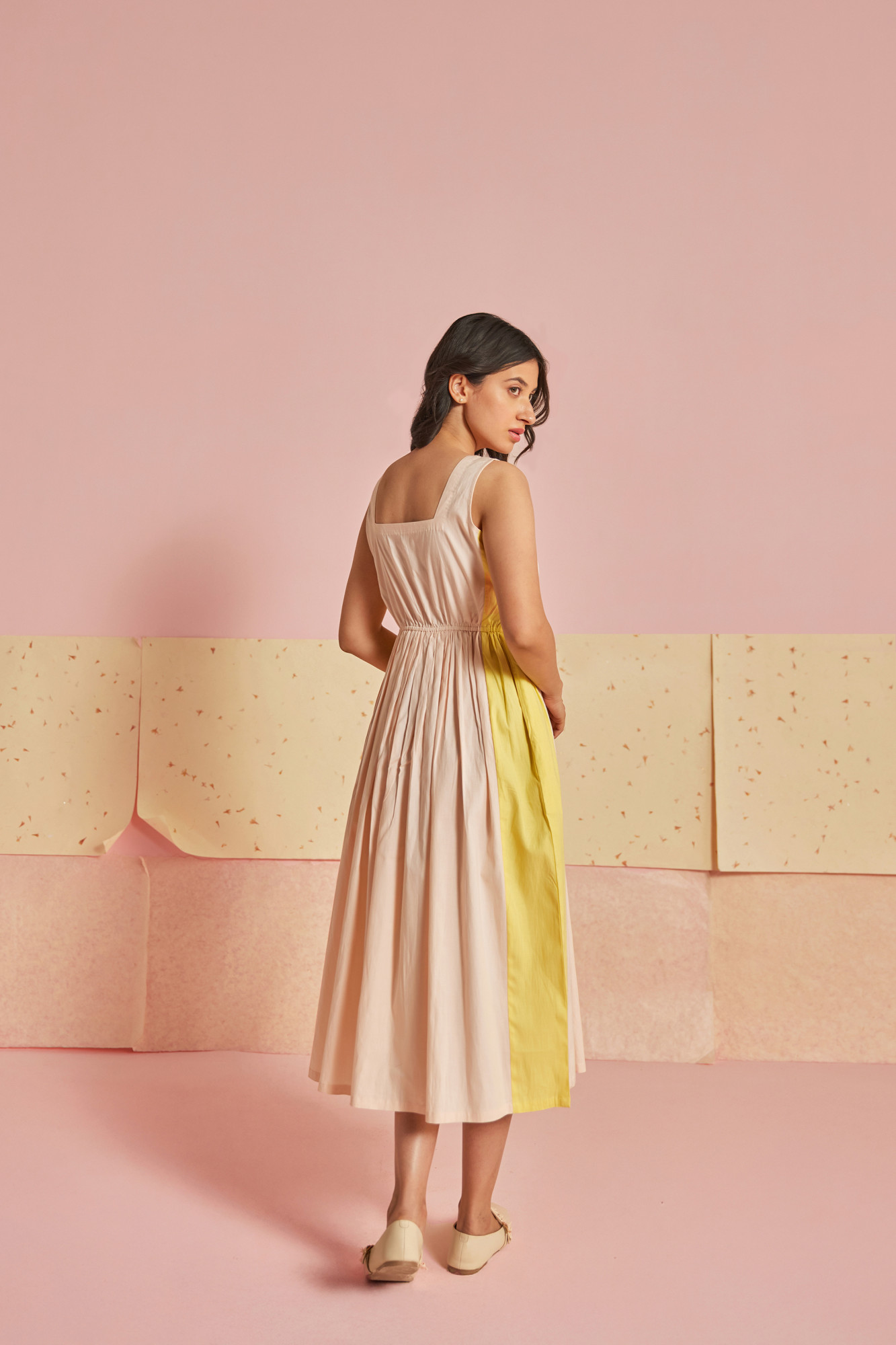 Peach Fizz Cotton Modal Block Printed Midi Dress