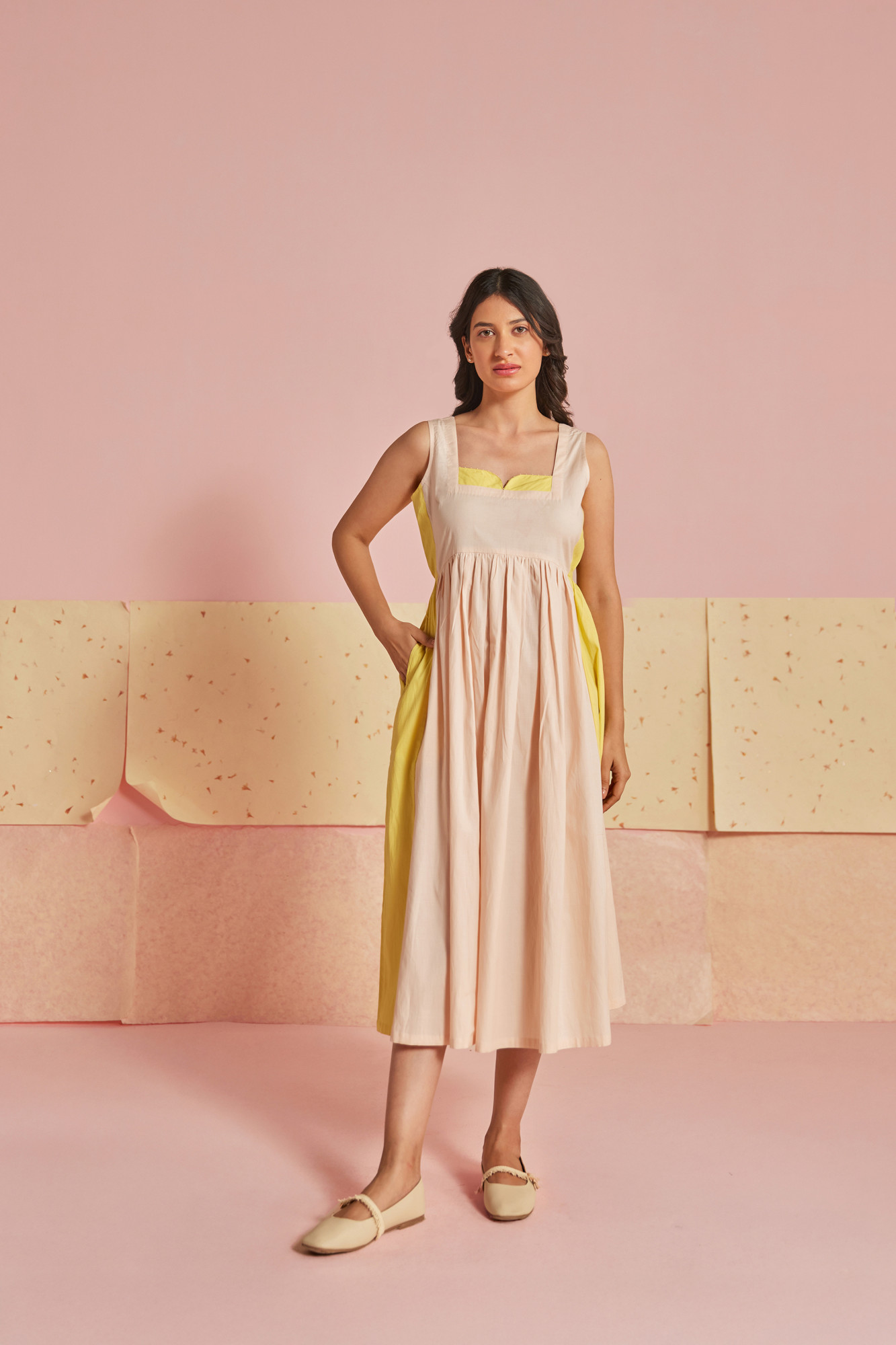 Peach Fizz Cotton Modal Block Printed Midi Dress