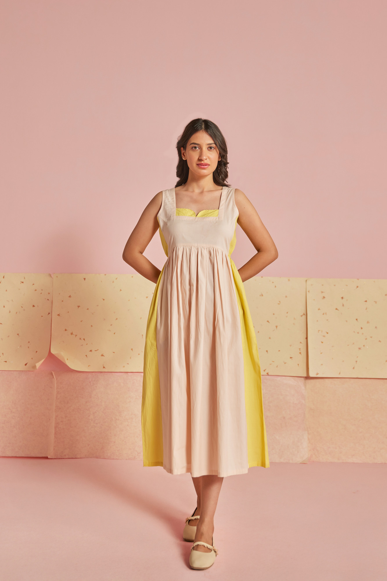 Peach Fizz Cotton Modal Block Printed Midi Dress