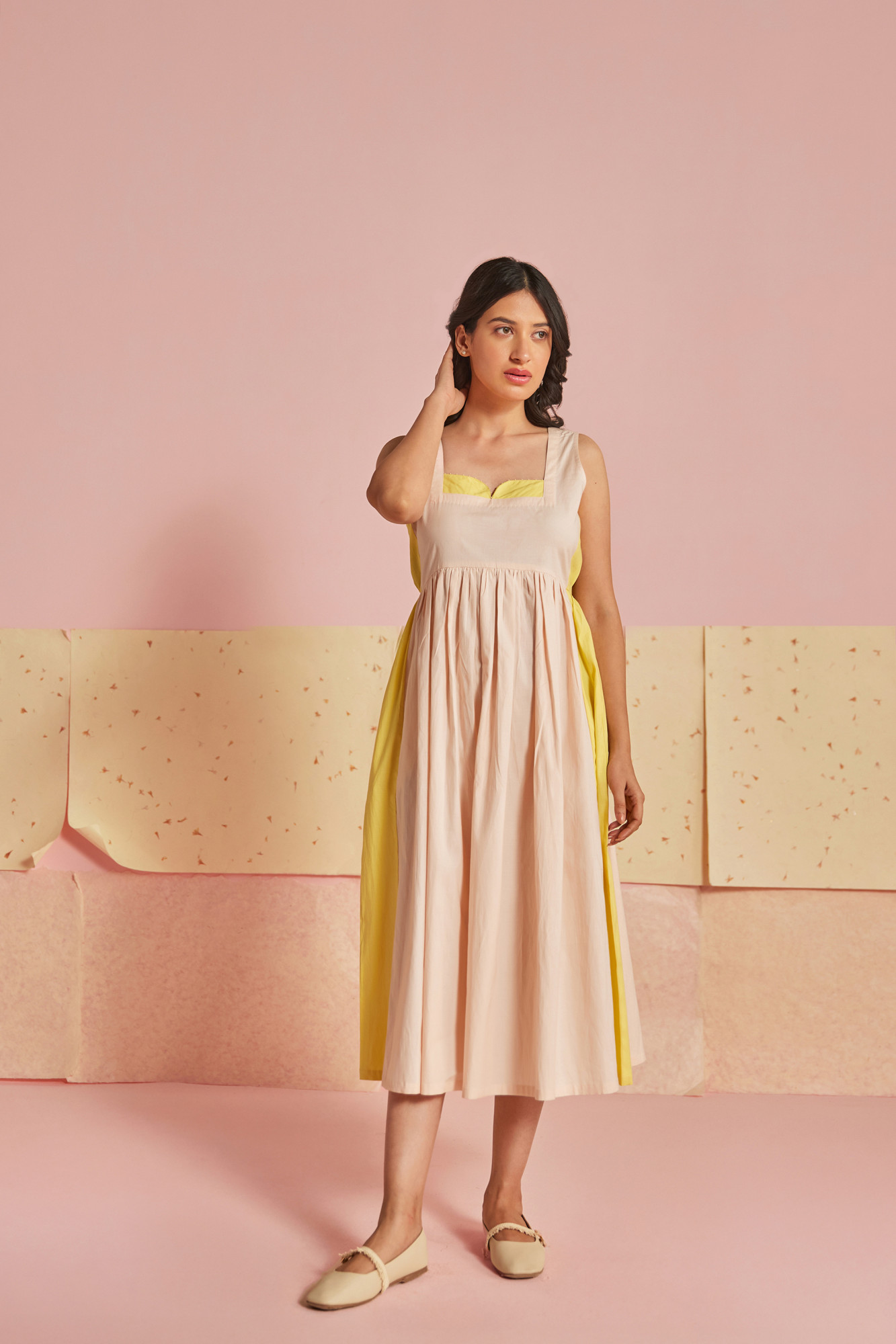 Peach Fizz Cotton Modal Block Printed Midi Dress