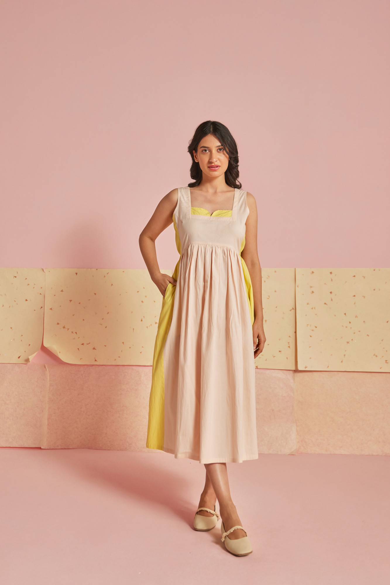 Peach Fizz Cotton Modal Block Printed Midi Dress