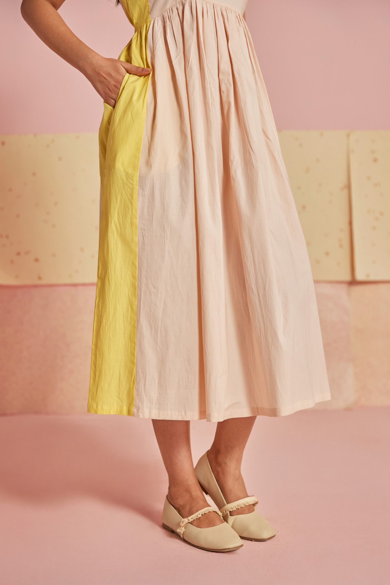 Peach Fizz Cotton Modal Block Printed Midi Dress