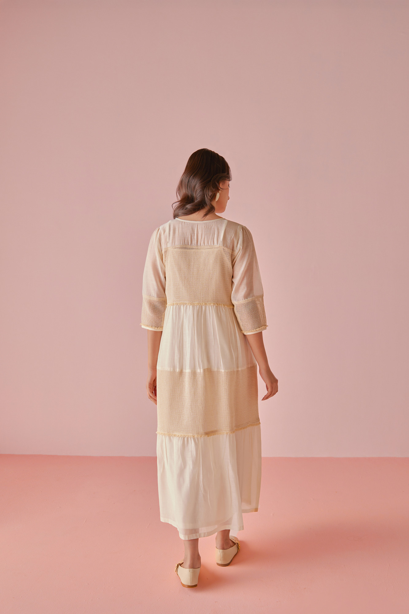 Vanilla Chanderi Cotton Mesh Panel Dress