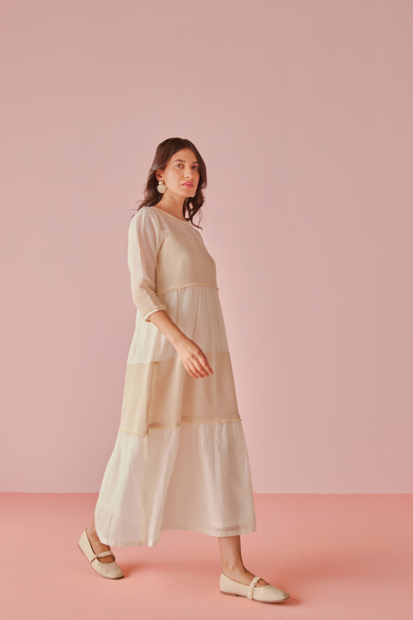 Vanilla Chanderi Cotton Mesh Panel Dress