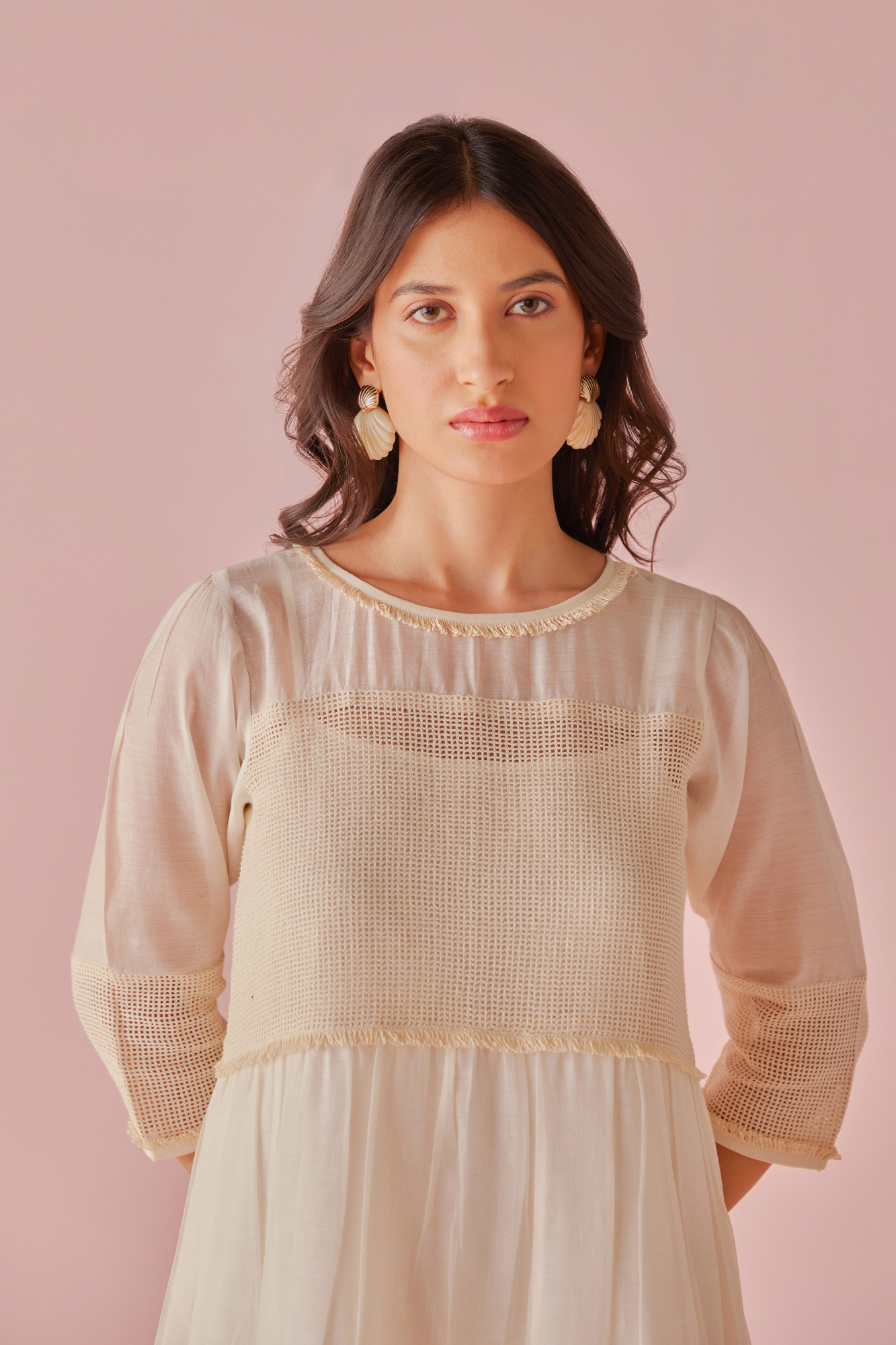 Vanilla Chanderi Cotton Mesh Panel Dress