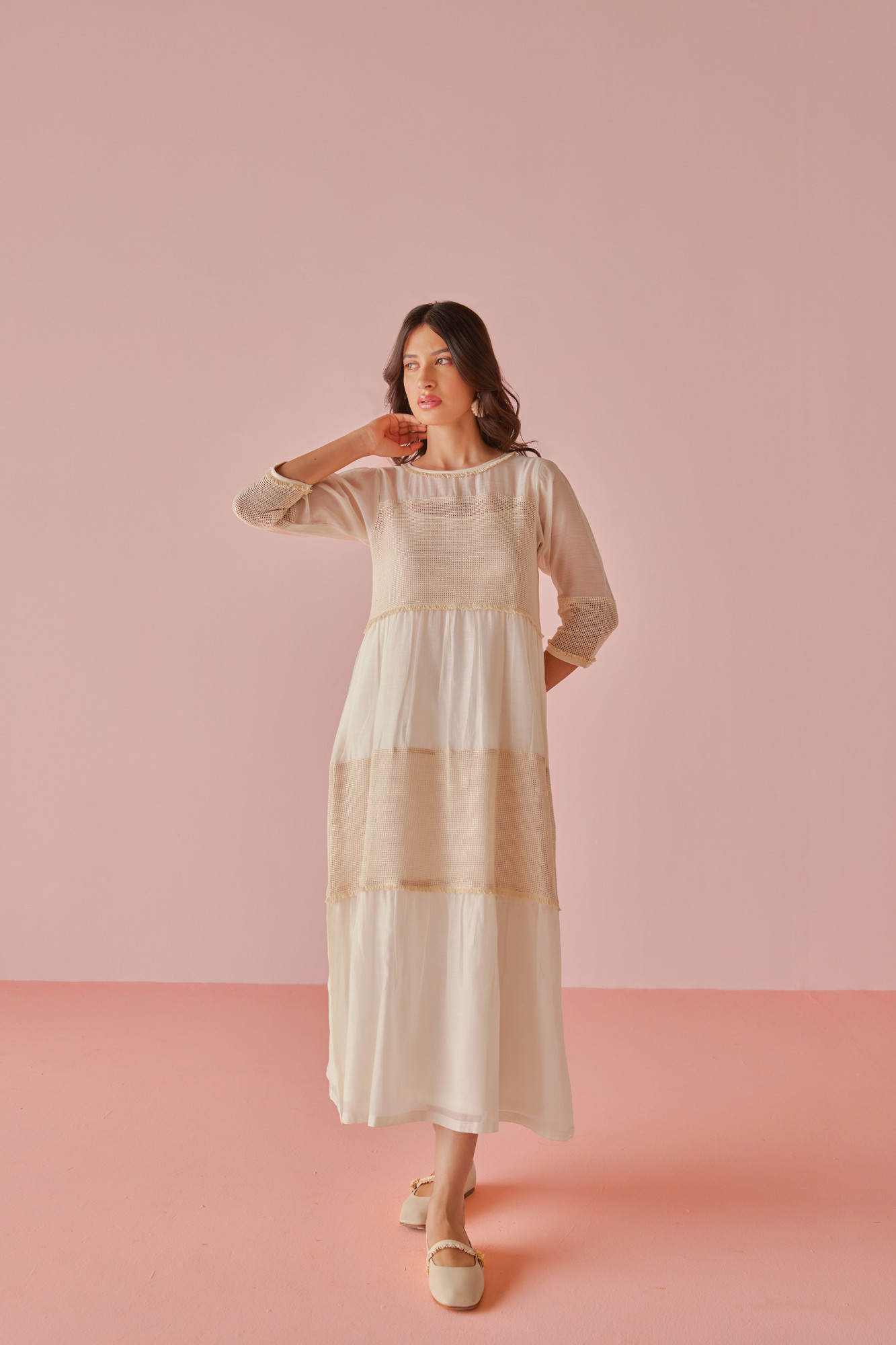 Vanilla Chanderi Cotton Mesh Panel Dress