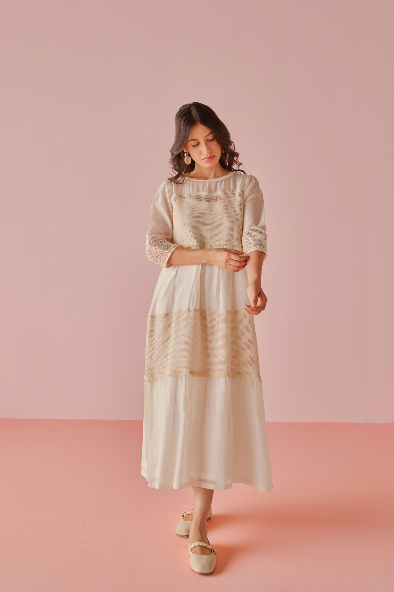 Vanilla Chanderi Cotton Mesh Panel Dress