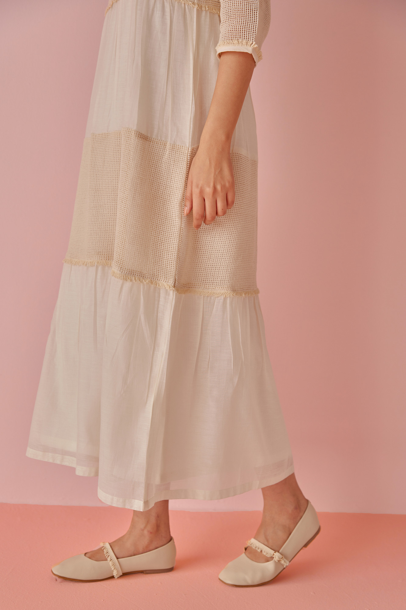 Vanilla Chanderi Cotton Mesh Panel Dress