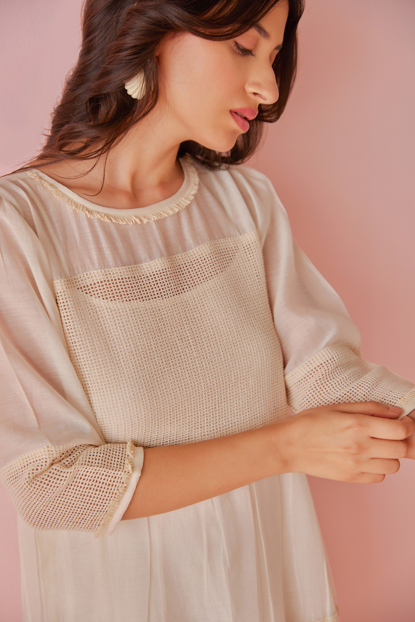 Vanilla Chanderi Cotton Mesh Panel Dress