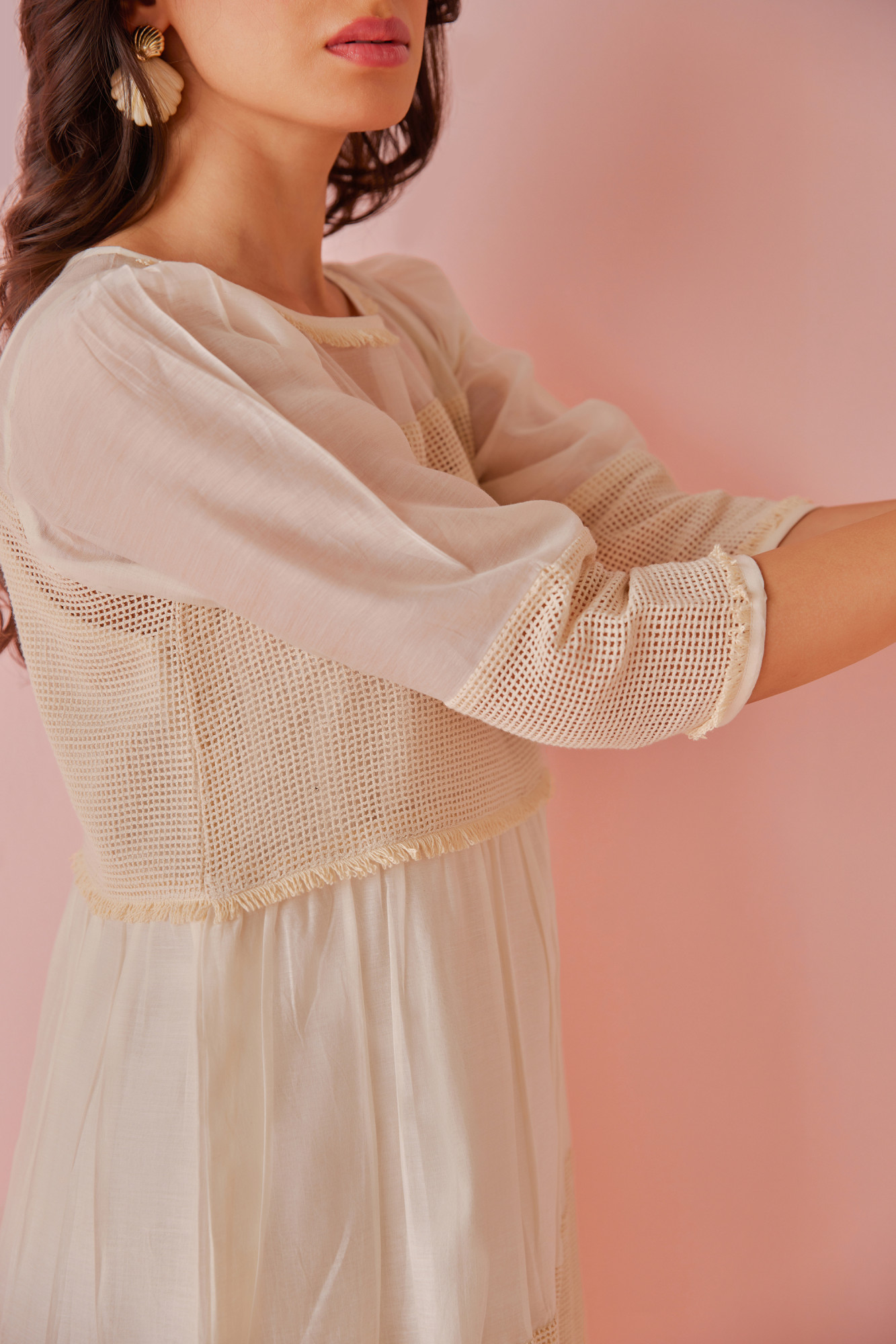 Vanilla Chanderi Cotton Mesh Panel Dress