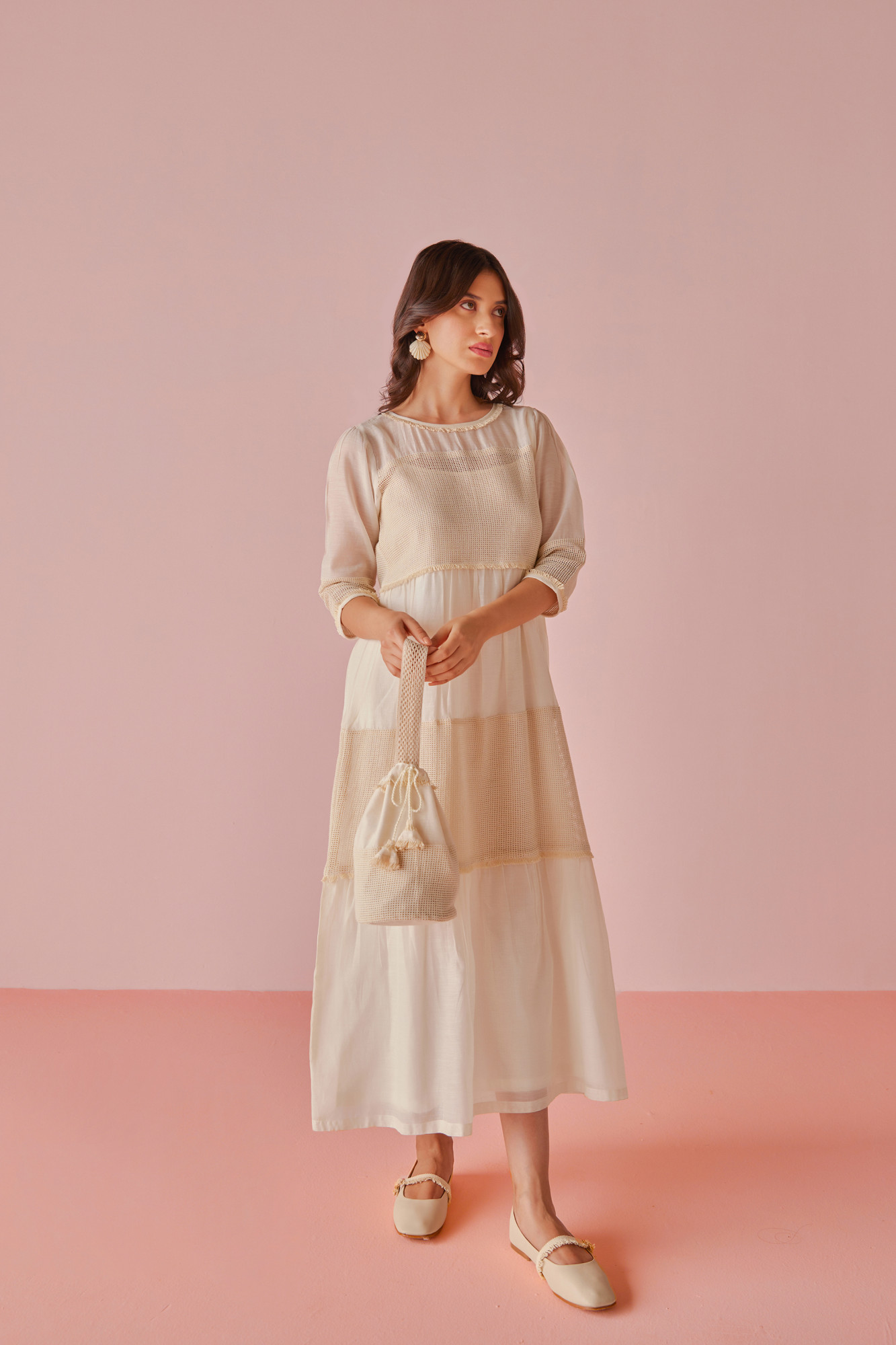 Vanilla Chanderi Cotton Mesh Panel Dress