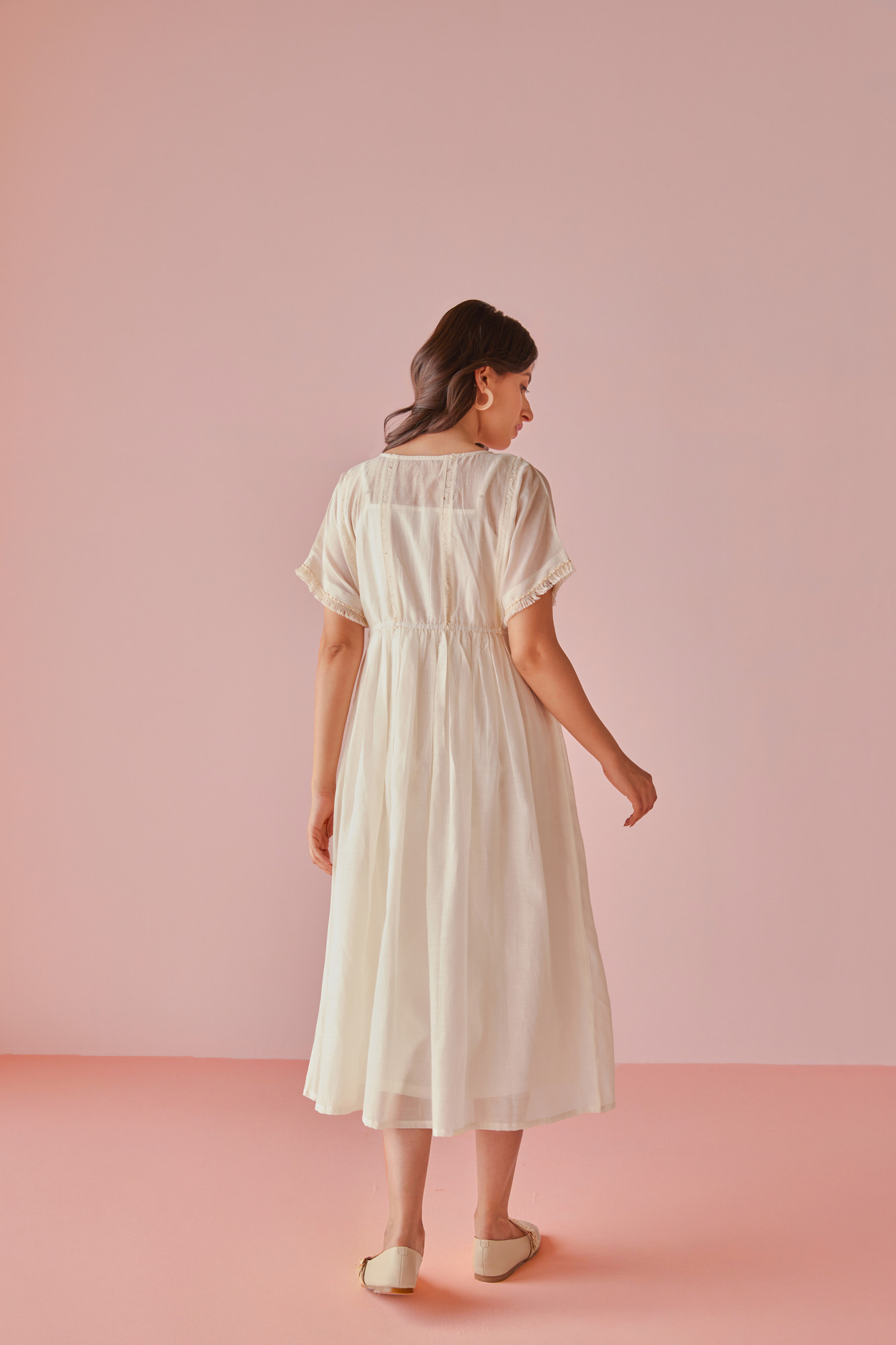 Porcelain Handloom Cotton Chanderi Lace Panel Dress